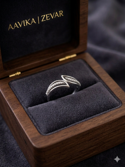 Aavika Zevar Sterling Silver Leaf-Inspired Open Bypass Ring | Handcrafted Sparkling Pavé Crystal Adjustable Ring for Women | Modern Minimalist Nature Jewelry