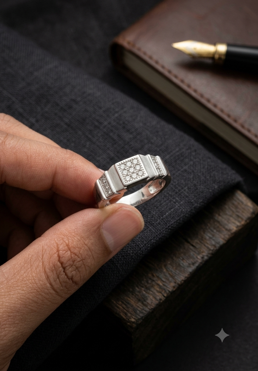 925 Sterling Silver Signet Ring for Men – Modern Micro-Pavé Cubic Zirconia Statement Band