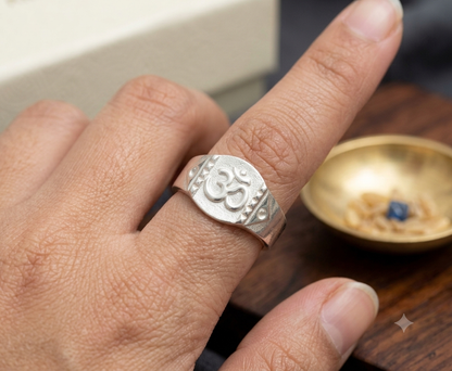 Sacred Om Embossed Silver Signet Ring / Handcrafted Spiritual ॐ Band