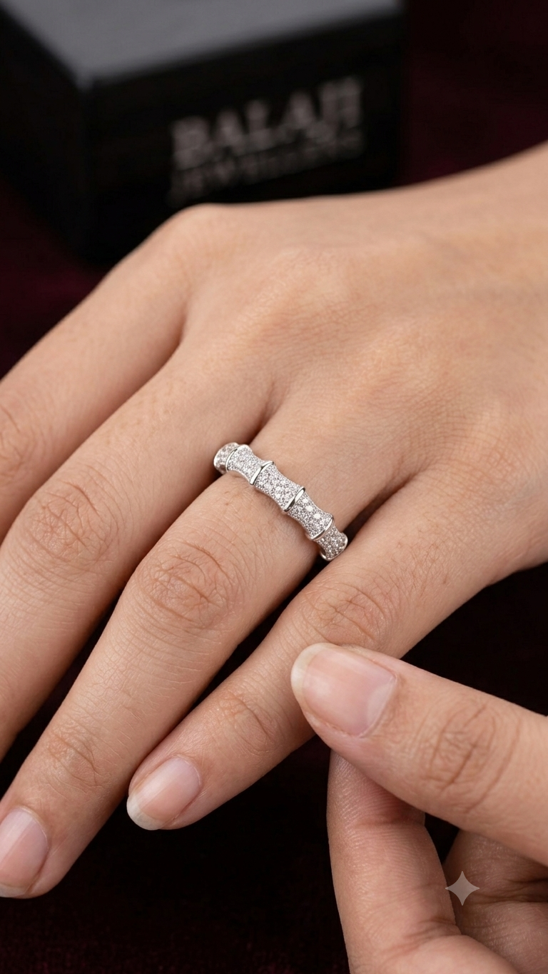 Vintage-Inspired Bamboo Segmented Diamond Ring in Sterling Silver