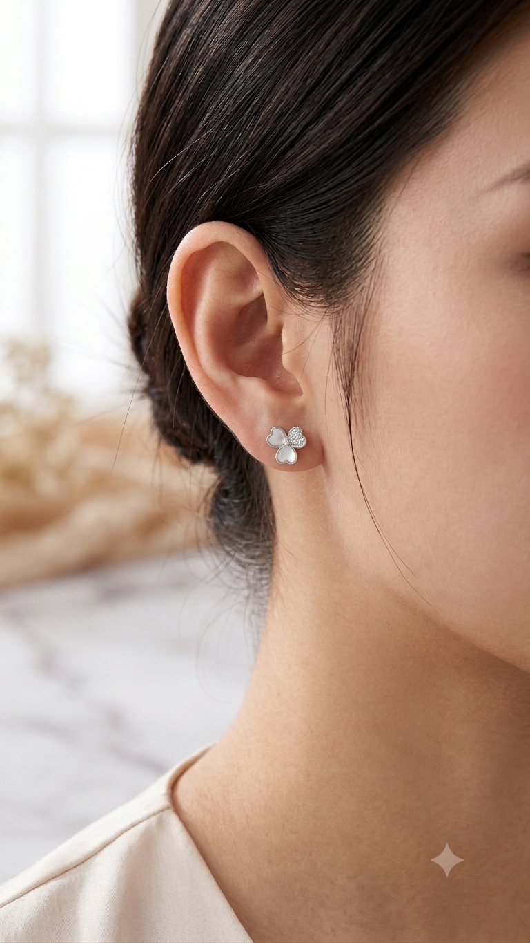 Mother-of-Pearl & Diamond Clover Stud Earrings