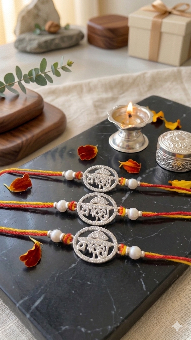 Silver "Kanha" Rakhi with Zircon Stones and Pearl Accents ( set of 3 )