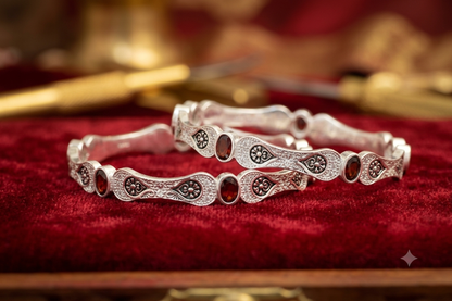 Antique Oxidized Silver Bangles with Oval Red Gemstone Accents (pair/single)