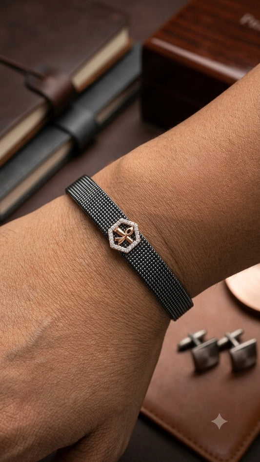 Hexagonal Ankh Emblem Two-Tone Mesh Belt Bracelet