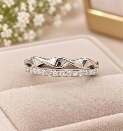 Sterling Silver Organic Wave & Eternity Stacking Ring Set – Dual Band Sculptural Ring
