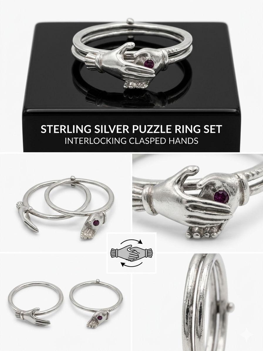 Sterling Silver Interlocking "Clasped Hands" Fede Puzzle Ring with Garnet Accent