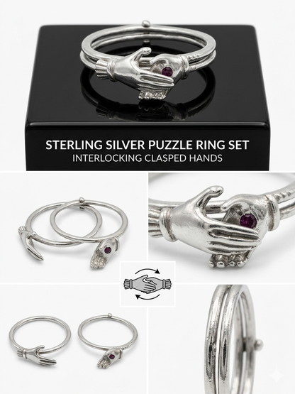 Sterling Silver Interlocking "Clasped Hands" Fede Puzzle Ring with Garnet Accent