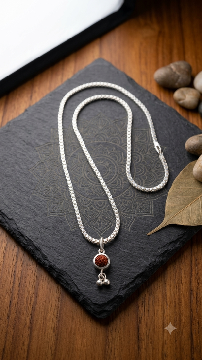 Silver rudraksha Pendant with silver box Chain | Pure Silver Spiritual Necklace | Elegant Daily Wear Jewelry | Ideal Gift for Devotees