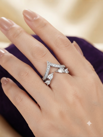 Silver Chevron Tiara Ring Enhancer – Pear Cut Cubic Zirconia V-Shape Crown Ring Jacket for Engagement Rings