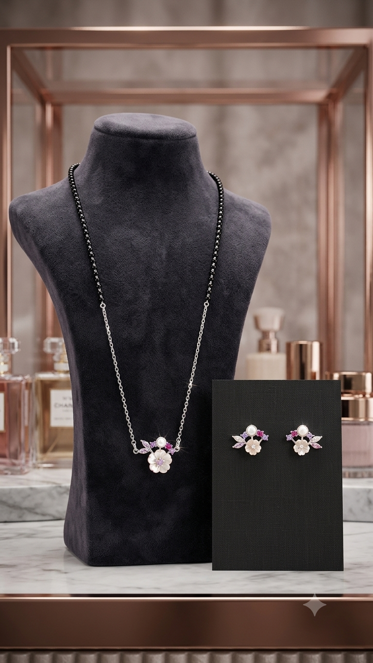 Silver Floral Modern Mangalsutra Set