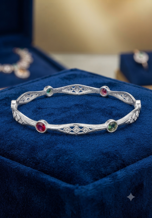 Vintage Silver Filigree Ruby & Emerald Stone Bangle