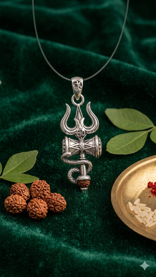 Divine Trishul Damru Silver Pendant with Rudraksha