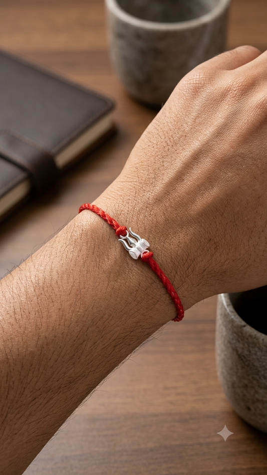 Silver Trishul & Damru Red Thread Rakhi (Set of 3/5)