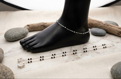 Elegant Silver Payal with Black Beads Design