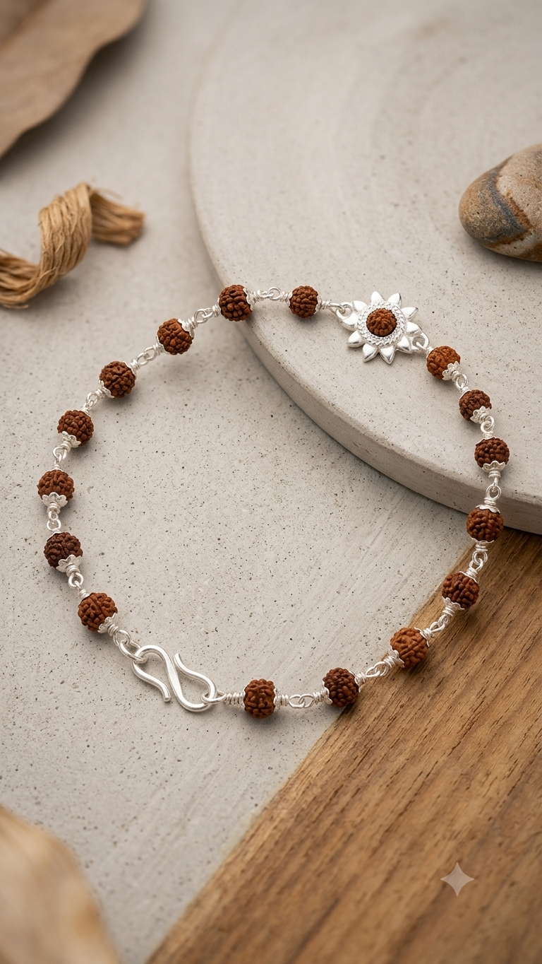 Silver Floral Rudraksha Bracelet