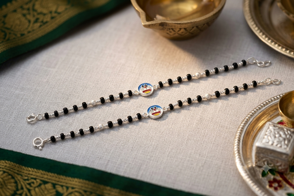 Silver nazariya with Black beads and cartoon center piece