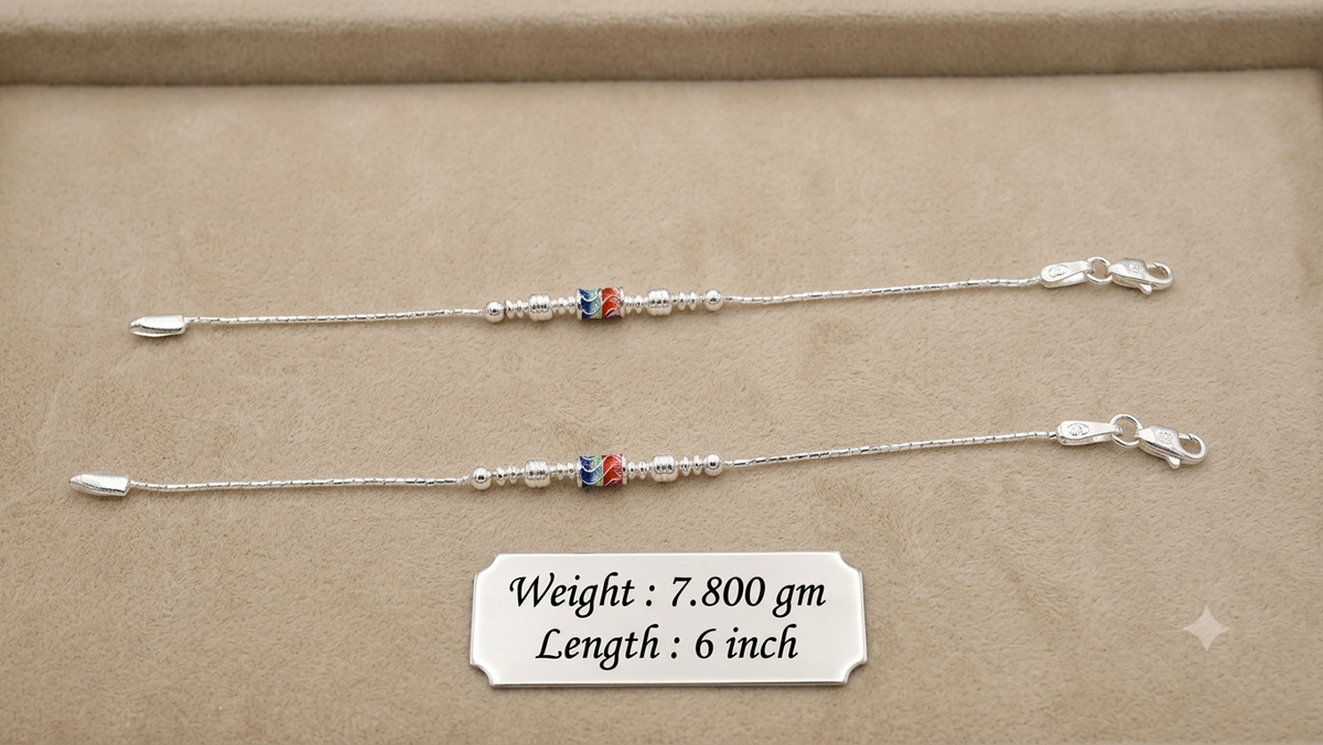 Lightweight Silver Kids Anklet with Dual-Tone Meenakari Barrel Bead