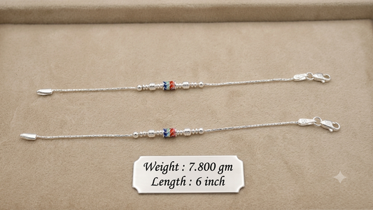 Lightweight Silver Kids Anklet with Dual-Tone Meenakari Barrel Bead
