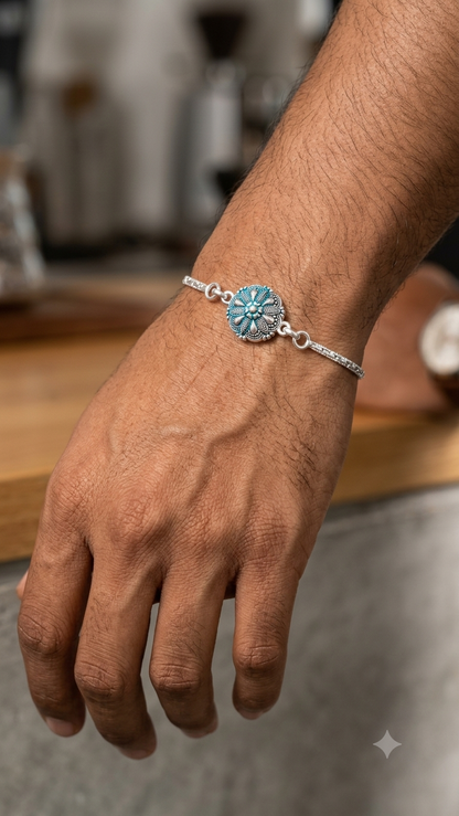 Handcrafted Silver Floral Mandala Bracelet / Rakhi with Turquoise Accents