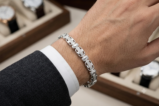 Alternating textured and stone-studded rectangular links Elegant Silver-Tone Designer Bracelet