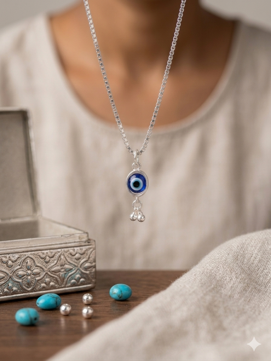 Silver Evil Eye Pendant with Box Chain (1 peace)
