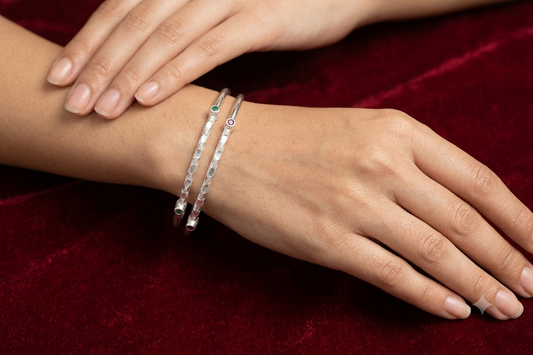 Textured Silver Open-Cuff Bangles with Ruby & Emerald Accents (Pair/Single)
