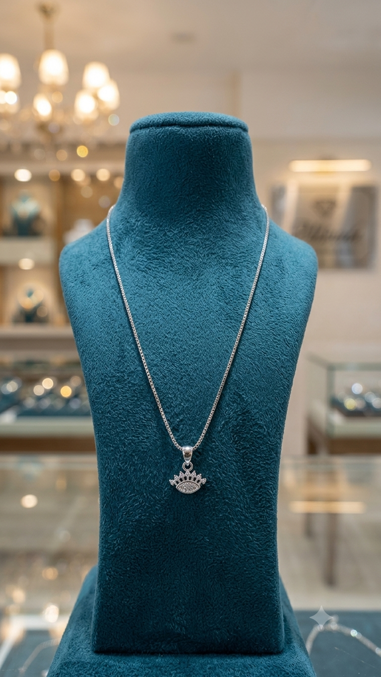 925 Silver Evil Eye Crown Pendant Necklace – Sparkling Zirconia Eyelash Charm on Sleek Snake Chain