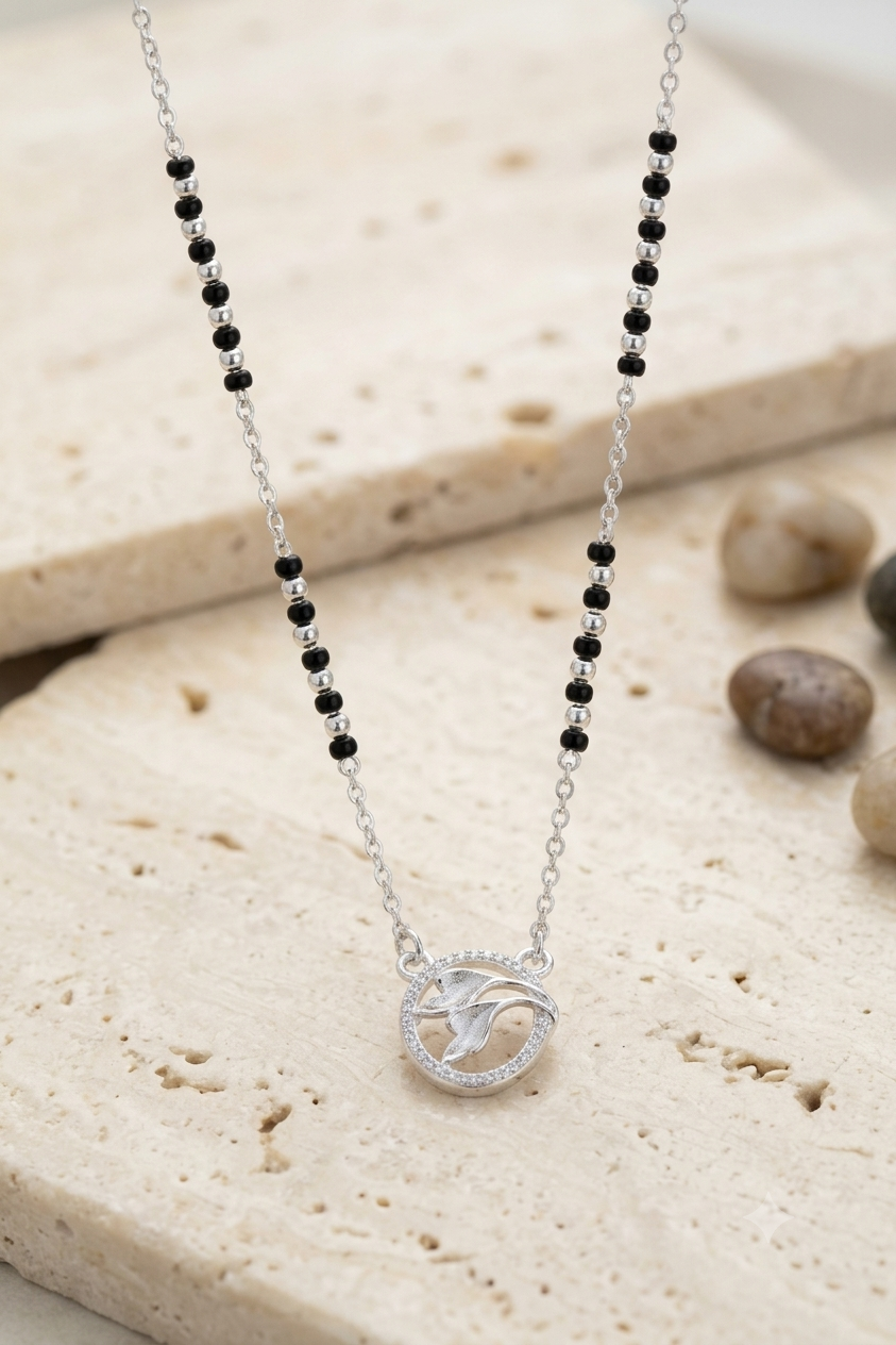 Silver Modern Mangalsutra for Women | Dainty Black & Silver Beaded Short Mangalsutra Necklace