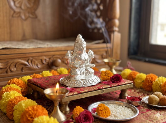 Pure Silver Goddess Lakshmi Idol for Home Mandir | Handcrafted Chandi Laxmi Murti for Diwali Puja, Dhanteras & Griha Pravesh