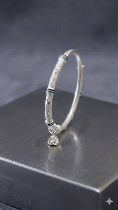 Silver Bangle with Textured Accents and Hanging Charm (one peice)
