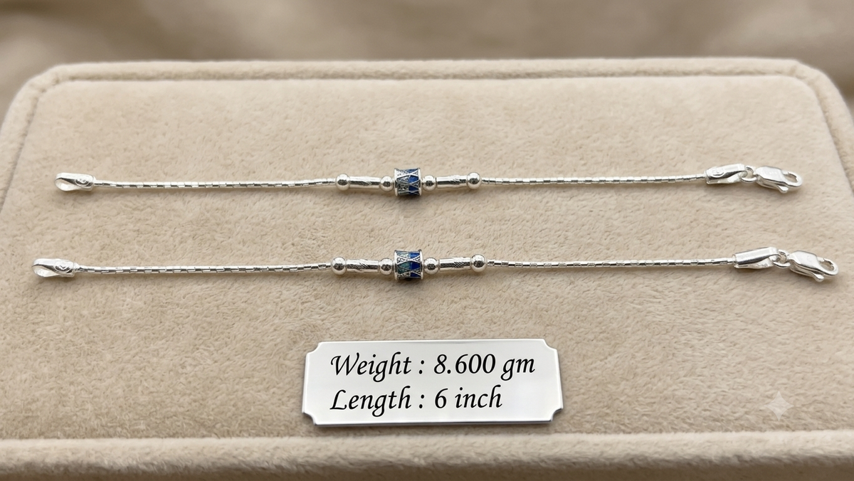 Silver Kids Anklet Pair with Geometric Blue Enamel Bead