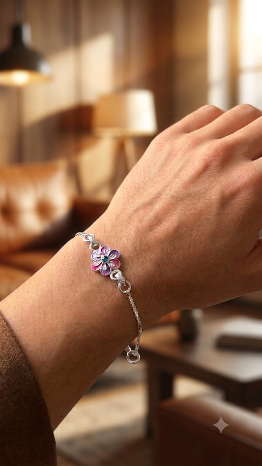 Handcrafted Silver Floral Mandala Bracelet / Rakhi with Turquoise Accents