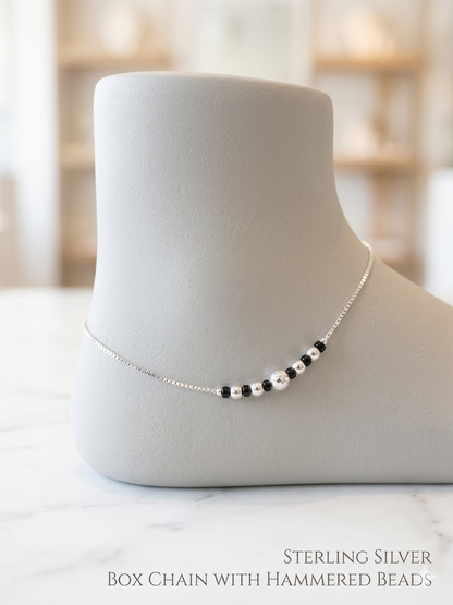 Sterling Silver Box Chain Anklet pair with Black and Hammered Beads