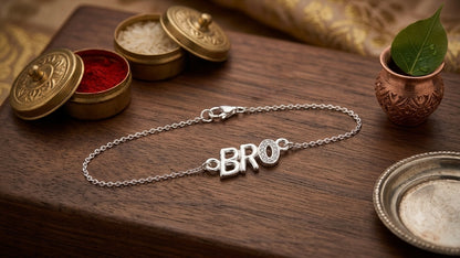 925 Silver "BRO" Alphabet Charm Bracelet / Rakhi with Stone Detailing