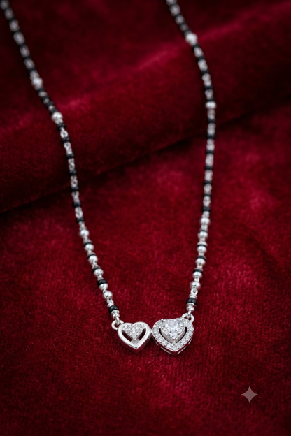 925 Sterling Silver Dual Heart Solitaire Mangalsutra with Black Beads & Pavé CZ for Women