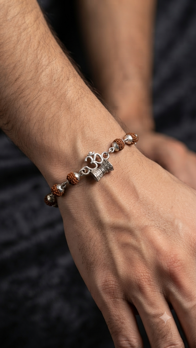 Silver Rudraksha Bracelet for Men with Om & Damru Charms | Spiritual Mahadev Wrist Band / Rakhi