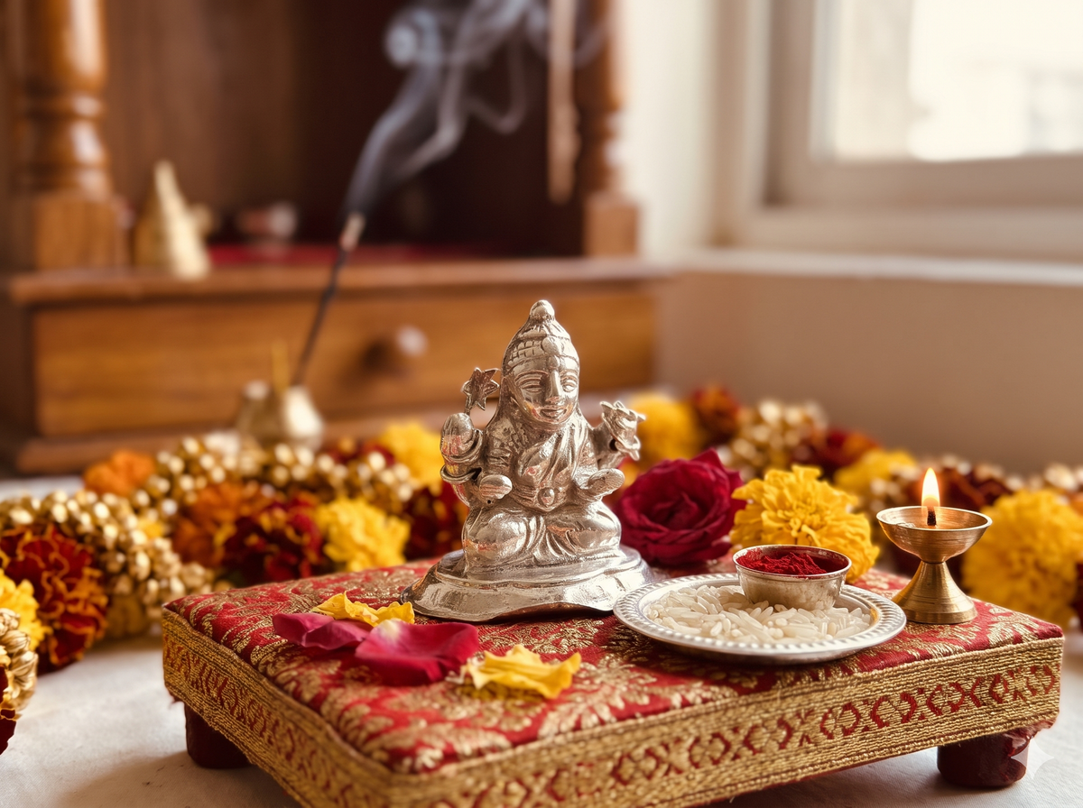 Pure Silver Goddess Lakshmi Idol for Home Mandir | Handcrafted Chandi Laxmi Murti for Diwali Puja, Dhanteras & Griha Pravesh