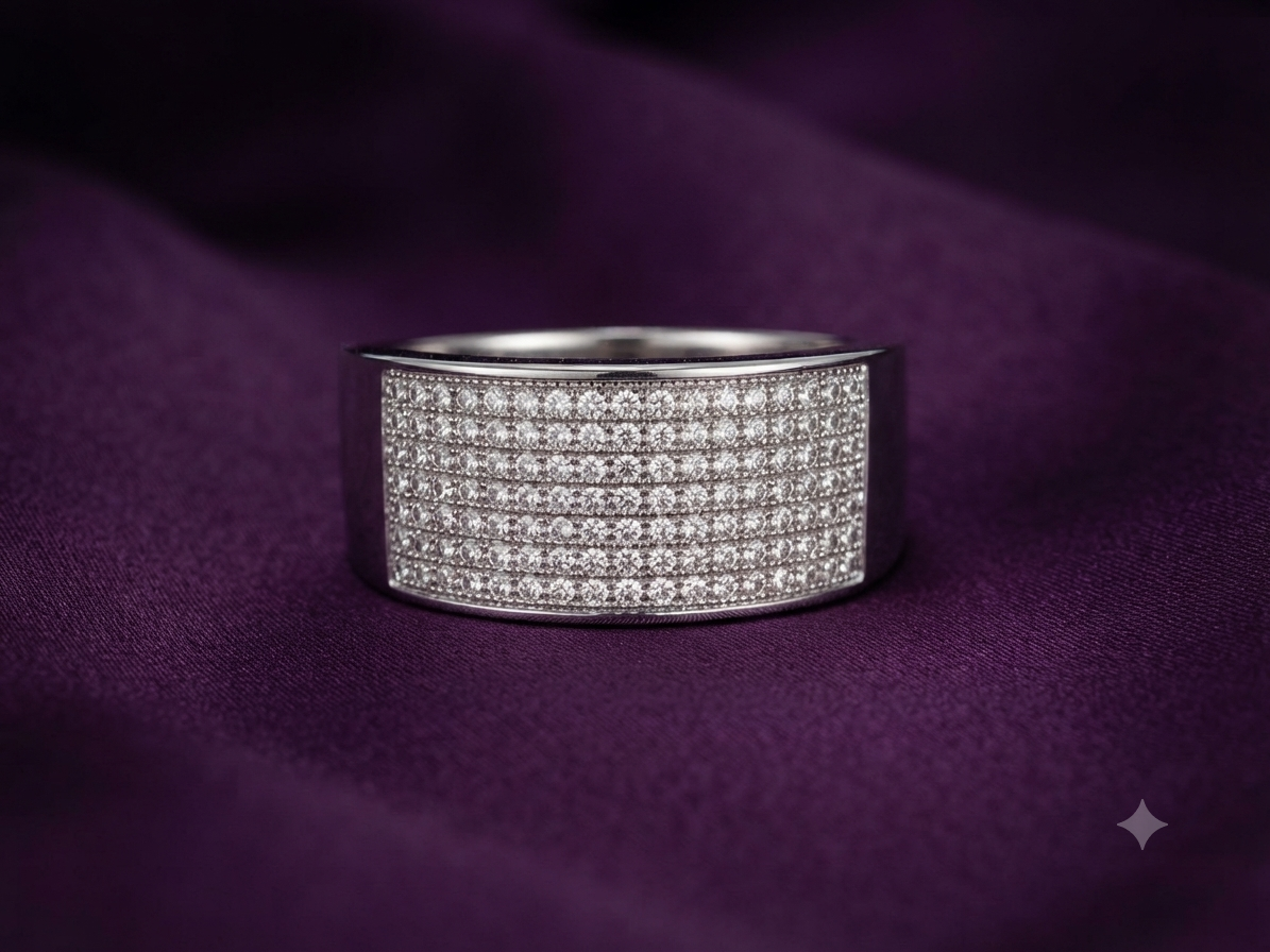 Men’s Wide Diamond Ring – 925 Sterling Silver Multi-Row Micro Signet Band
