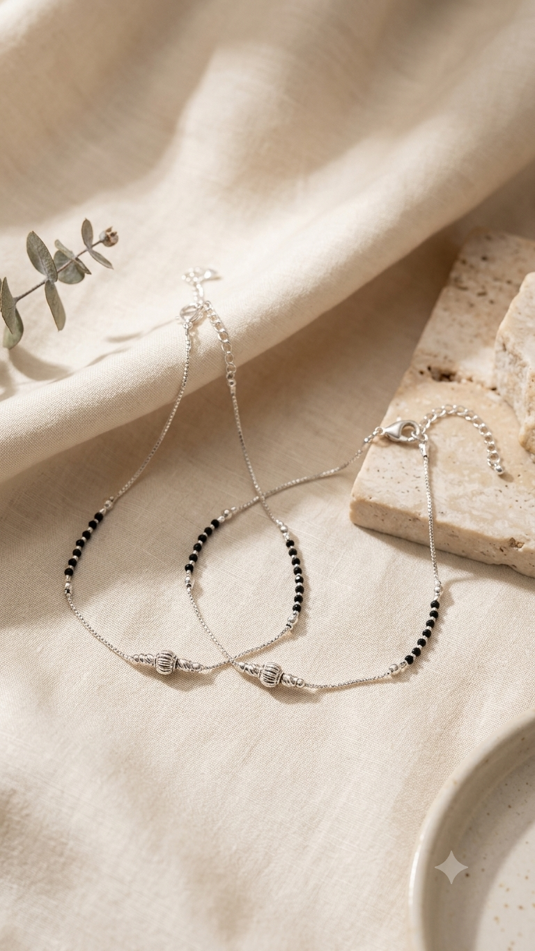 925 Sterling Silver Black Bead Nazariya Anklet (Single or Pair)