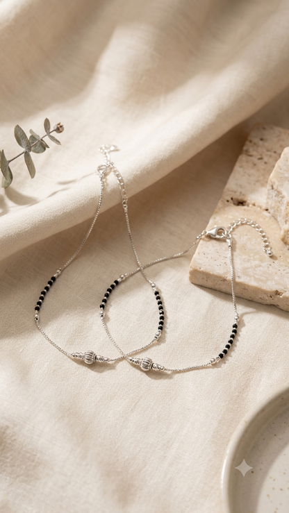 925 Sterling Silver Black Bead Nazariya Anklet (Single or Pair)