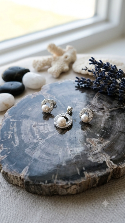925 Silver pearl Pendant Necklace with Sparkling earring