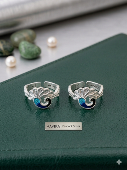 Aavika Majestic Peacock Sterling Silver Toe Rings – Handcrafted Blue Enamel Filigree (Pair)