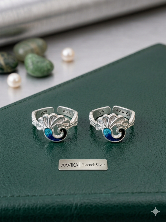 Aavika Majestic Peacock Sterling Silver Toe Rings – Handcrafted Blue Enamel Filigree (Pair)