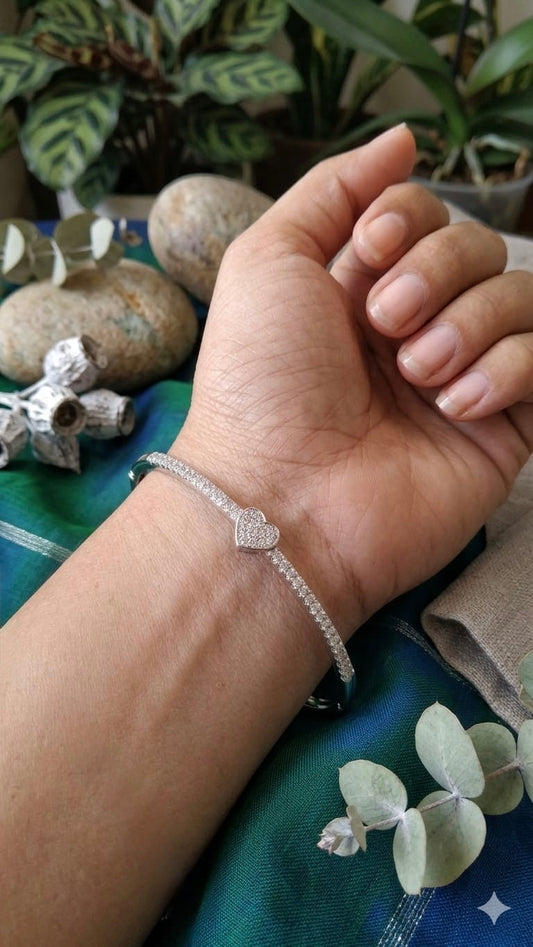 Elegant 925 Silver Kada with heart CZ & Micro Pave Design