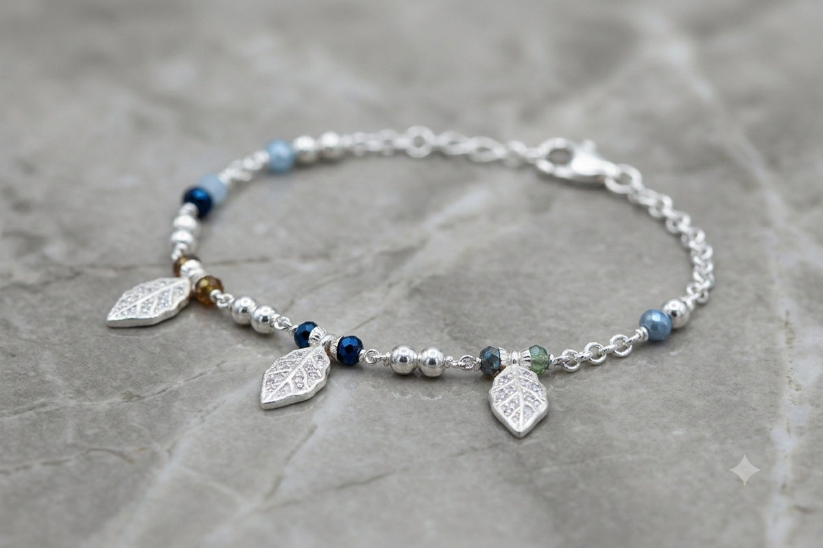 Silver Charm Bracelet with Shimmer Leaf Drops & Multicolour Beaded Accents