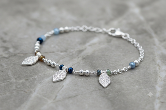 Silver Charm Bracelet with Shimmer Leaf Drops & Multicolour Beaded Accents