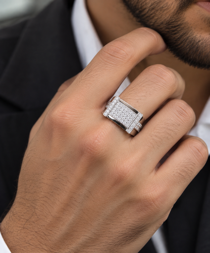 Men’s Rectangular Diamond Signet Ring with Openwork Ladder Shoulders in 925 Silver