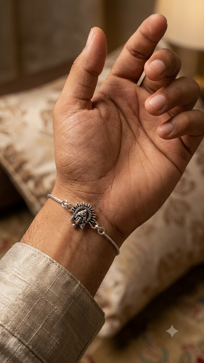 Handcrafted Silver Floral Mandala Bracelet / Rakhi with Turquoise Accents