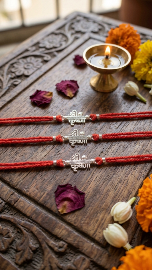 Silver shri krishna Rakhi (Set of 3) – Sacred Red Mauli Thread