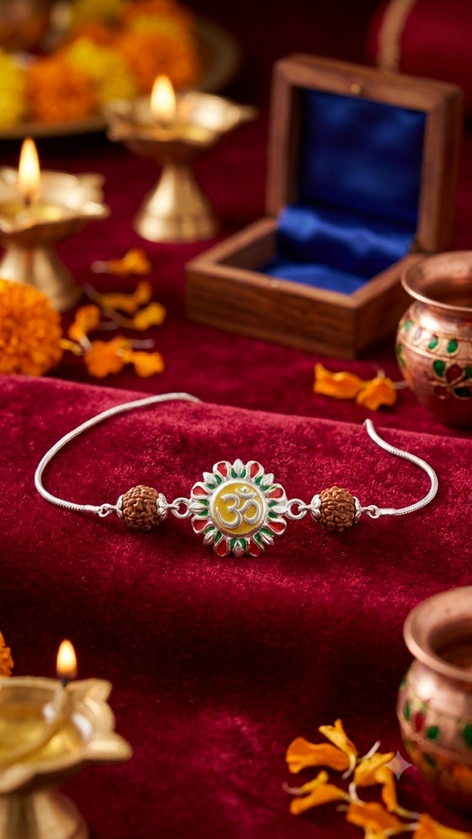 925 Sterling Silver Meenakari Om & Rudraksha Rakhi Bracelet for Men